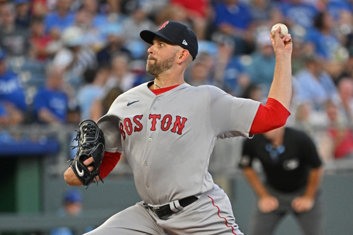 Sep 1, 2023; Kansas City, Missouri, USA;  Boston Red Sox starting pitcher James Paxton (65) delivers a pitch in the first inning against the Kansas City Royals at Kauffman Stadium. Mandatory Credit: Peter Aiken-USA TODAY Sports