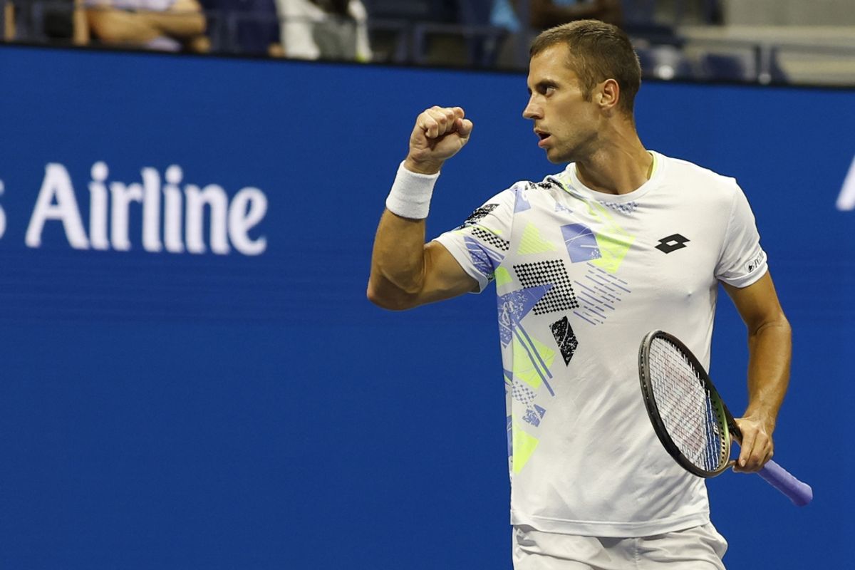 Sep 1, 2023; Flushing, NY, USA; Laslo Djere of Serbia reacts after winning a game against Novak Djokovic of Serbia (not pictured) on day five of the 2023 U.S. Open tennis tournament at USTA Billie Jean King National Tennis Center. Mandatory Credit: Geoff Burke-Imagn Images