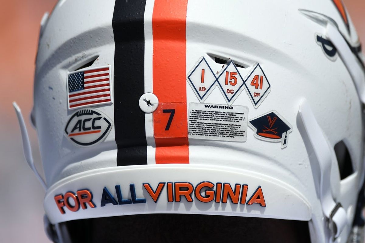 Sep 2, 2023; Nashville, Tennessee, USA; Detail view of helmet stickers on the helmet of Virginia Cavaliers running back Mike Hollins (7) during the second half against the Tennessee Volunteers at Nissan Stadium. Mandatory Credit: Christopher Hanewinckel-Imagn Images