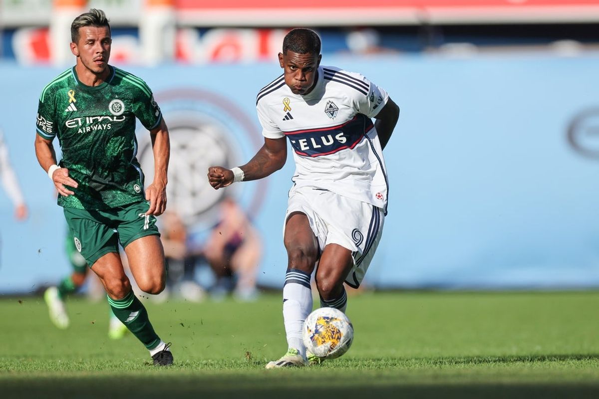 Sep 2, 2023; New York, New York, USA; Vancouver Whitecaps forward Sergio Cordova (9) plays the ball against New York City FC midfielder Alfredo Morales (7) during the second half at Yankee Stadium. Mandatory Credit: Vincent Carchietta-Imagn Images