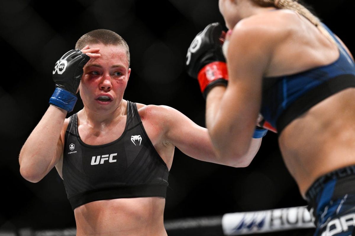 Sep 2, 2023; Paris, France; Manon Fiorot (red gloves) fights Rose Namajunas (blue gloves) during UFC Fight Night at Accor Arena. Mandatory Credit: Per Haljestam-USA TODAY Sports