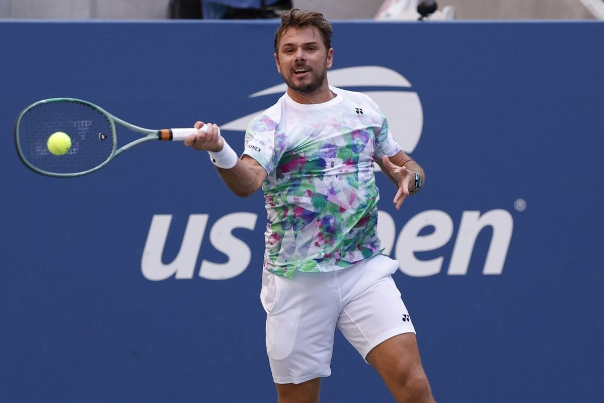 Sep 2, 2023; Flushing, NY, USA; Stan Wawrinka of Switzerland hits a forehand against Jannik Sinner of Italy (not pictured) on day six of the 2023 U.S. Open tennis tournament at USTA Billie Jean King National Tennis Center. Mandatory Credit: Geoff Burke-Imagn Images