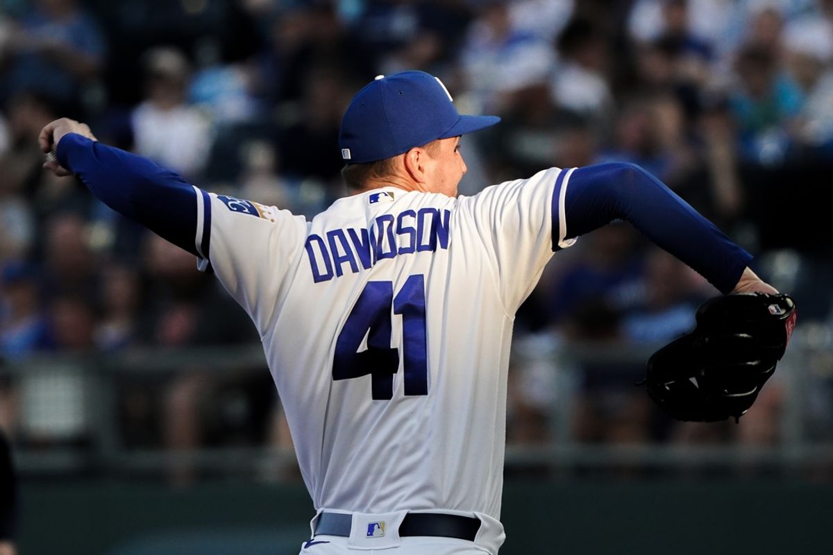 Sep 2, 2023; Kansas City, Missouri, USA; Kansas City Royals relief pitcher Tucker Davidson (41) delivers a pitch against the Boston Red Sox in the third inning at Kauffman Stadium. Mandatory Credit: Denny Medley-Imagn Images