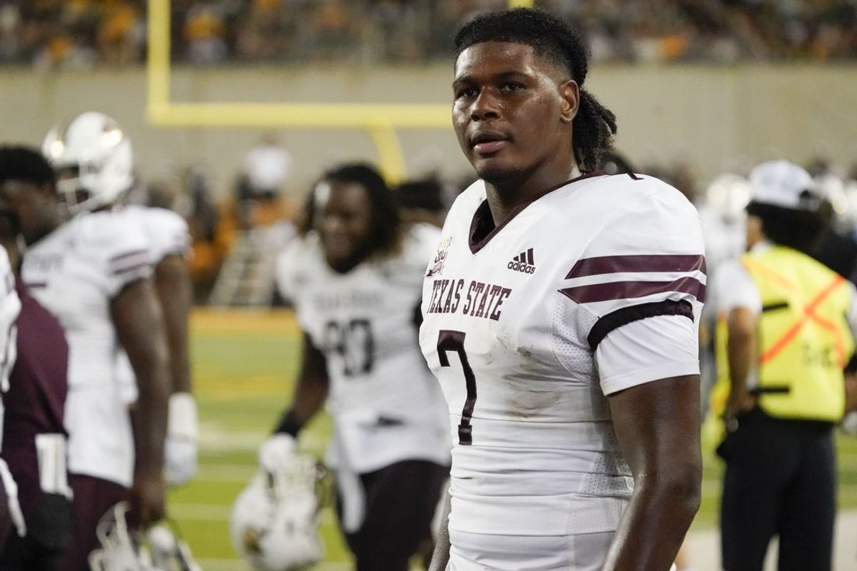 Sep 2, 2023; Waco, Texas, USA; Texas State Bobcats quarterback TJ Finley (7) on the sidelines during the second half against the Baylor Bears at McLane Stadium. Mandatory Credit: Raymond Carlin III-Imagn Images