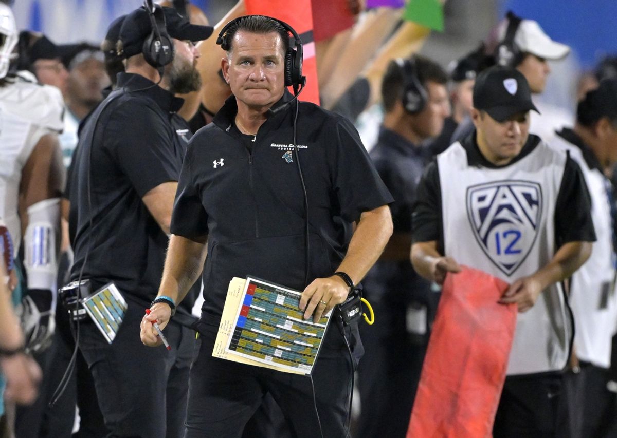 Sep 2, 2023; Pasadena, California, USA;  Coastal Carolina Chanticleers head coach Tim Beck looks on from the sidelines in the first half against the UCLA Bruins at Rose Bowl. Mandatory Credit: Jayne Kamin-Oncea-Imagn Images