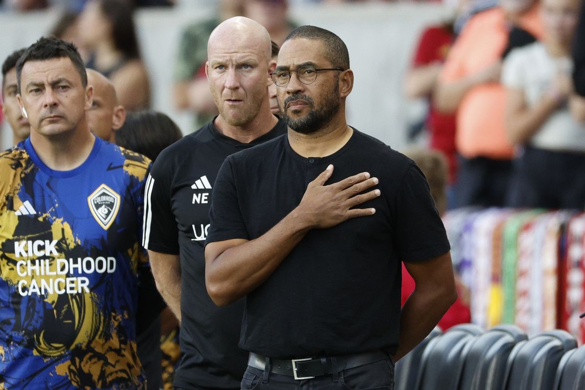 Sep 2, 2023; Sandy, Utah, USA; Colorado Rapids head coach Robin Fraser stands for the national anthem prior to their game against the Real Salt Lake at America First Field. Mandatory Credit: Jeff Swinger-Imagn Images