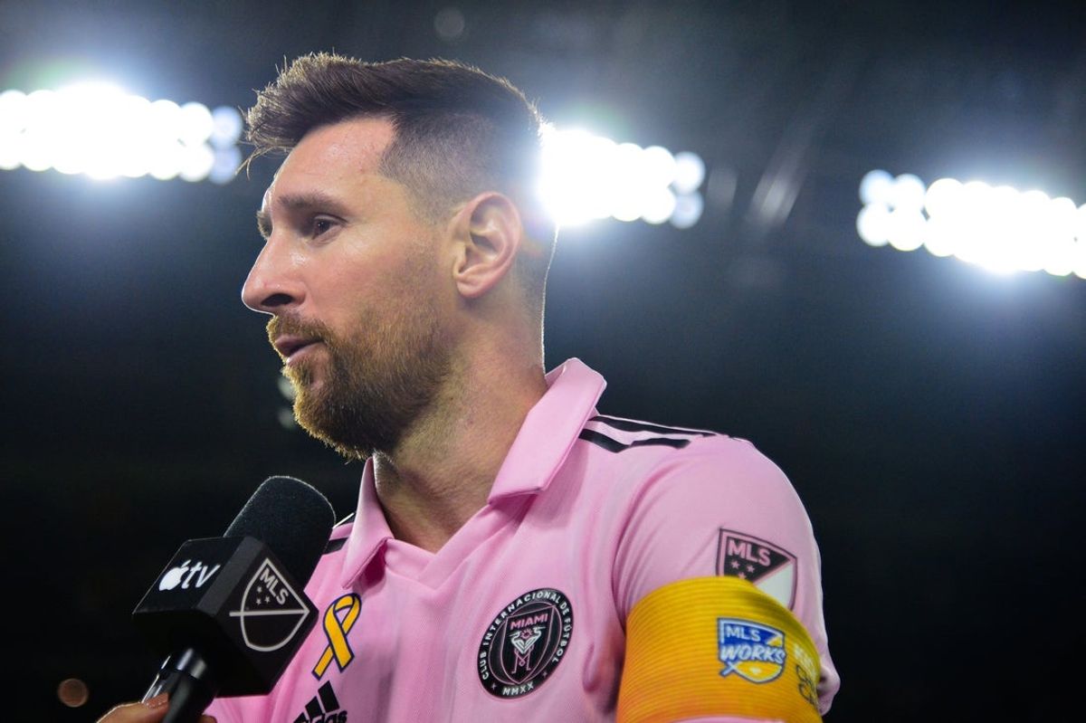 Sep 3, 2023; Los Angeles, California, USA; Inter Miami forward Lionel Messi (10) is interviewed by MLS on Apple TV following the victory against Los Angeles FC at BMO Stadium. Mandatory Credit: Gary A. Vasquez-Imagn Images