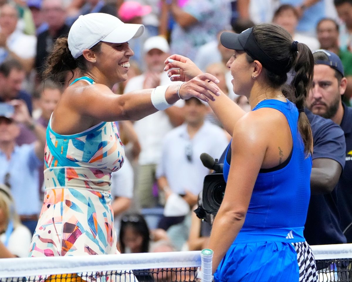 Sept 4, 2023; Flushing, NY, USA; Madison Keys of the USA (left) after beating Jessica Pegula of the USA on day eight of the 2023 U.S. Open tennis tournament at USTA Billie Jean King National Tennis Center. Mandatory Credit: Robert Deutsch-Imagn Images
