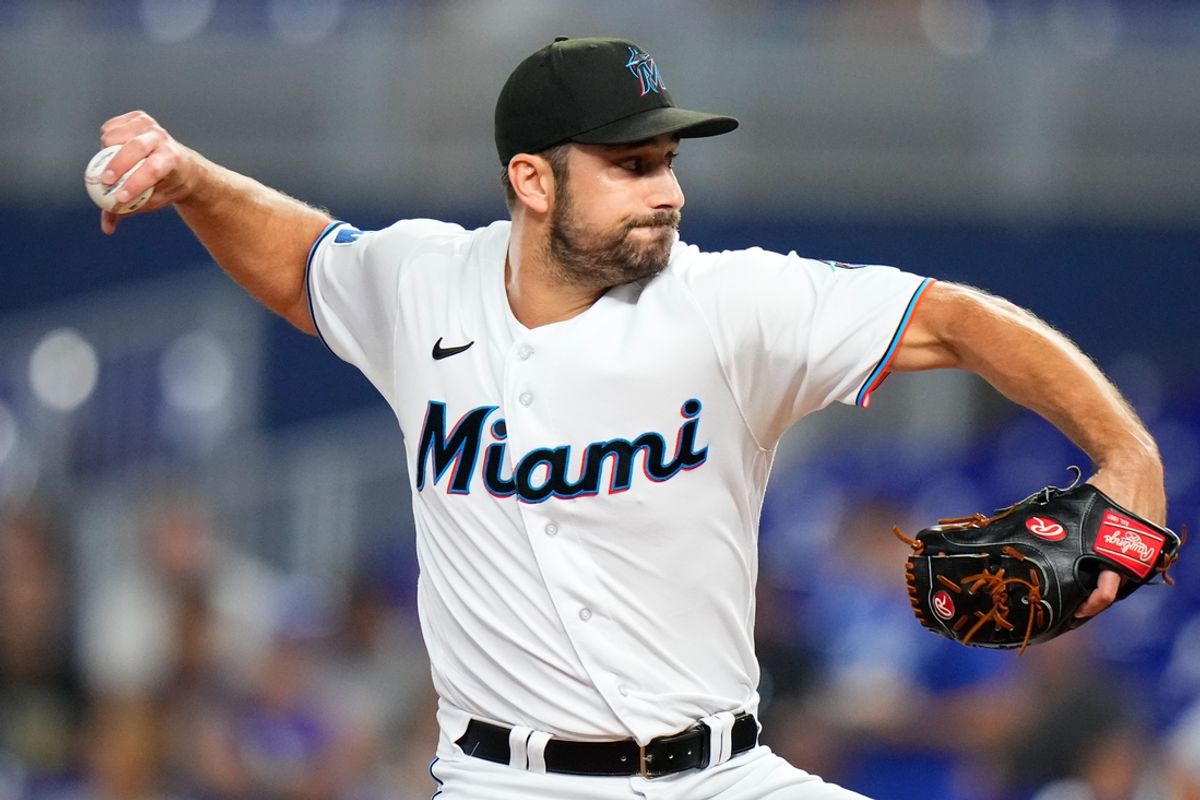 Sep 6, 2023; Miami, Florida, USA; Miami Marlins relief pitcher JT Chargois (84) throws a pitch against the Los Angeles Dodgers during the first inning at loanDepot Park. Mandatory Credit: Rich Storry-USA TODAY Sports