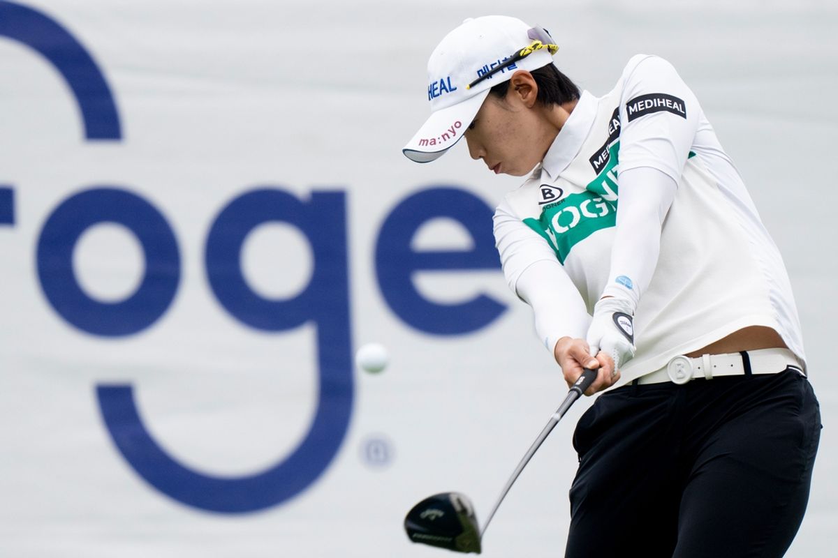 Narin An, of Seoul, Republic of Korea, tees off on hole 1 during round 1 of the 2023 Kroger Queen City Championship in at Kenwood Country Club in Madeira, Ohio, on Thursday, Sept. 7, 2023.