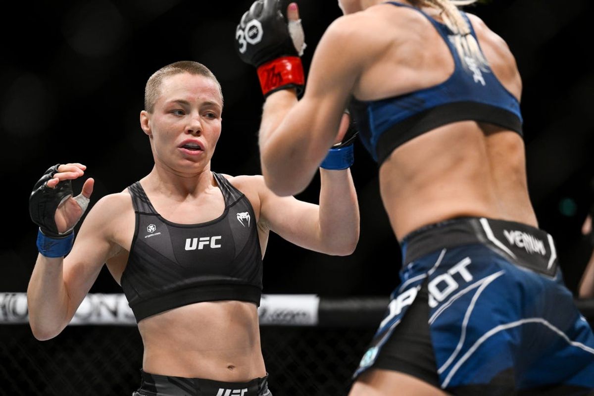 Sep 2, 2023; Paris, France; Manon Fiorot (red gloves) fights Rose Namajunas (blue gloves) during UFC Fight Night at Accor Arena. Mandatory Credit: Per Haljestam-USA TODAY Sports
