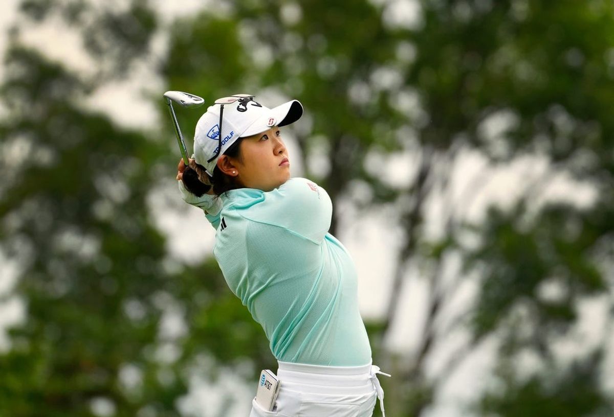 Rose Zhang, Irvine, Calif., tees off the 14th hole in the 2023 Kroger Queen City Championship presented by P&G at Kenwood Country Club in Madeira, Ohio, Friday, Sept. 8, 2023.