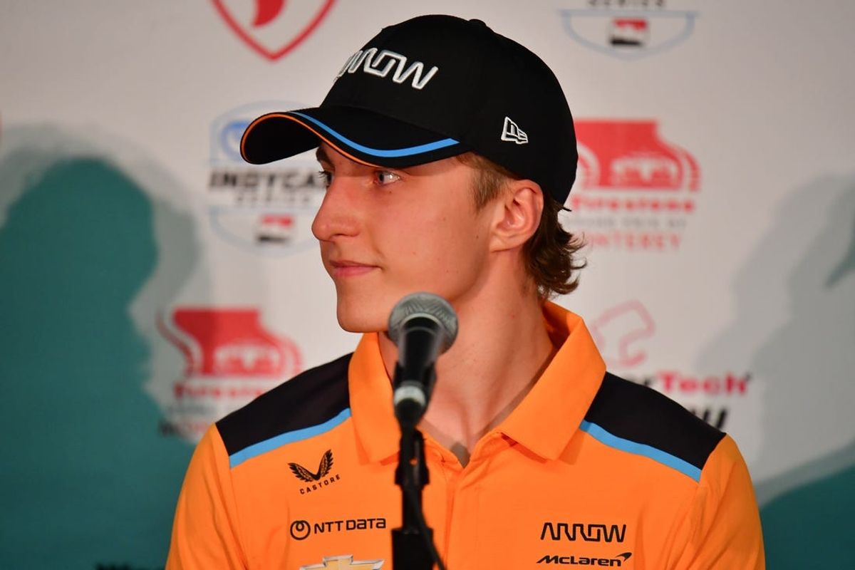 Sep 8, 2023; Salinas, California, USA; Indycar series driver David Malukas (18) speaks to announce his move to Arrow McLaren Racing for the 2024 season before free practice at WeatherTech Raceway Laguna Seca. Mandatory Credit: Gary A. Vasquez-USA TODAY Sports