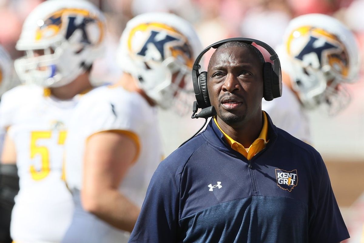Sep 9, 2023; Fayetteville, Arkansas, USA; Kent State Golden Flashes head coach Kenni Burns during the second quarter against the Arkansas Razorbacks at Donald W. Reynolds Razorback Stadium. Mandatory Credit: Nelson Chenault-Imagn Images