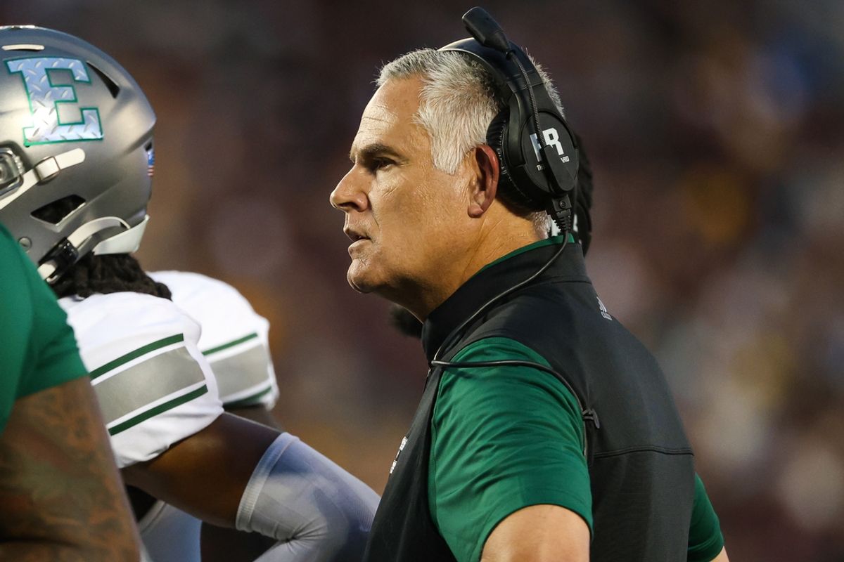 Sep 9, 2023; Minneapolis, Minnesota, USA; Eastern Michigan Eagles coach Chris Creighton looks during the second quarter against the Minnesota Golden Gophers at Huntington Bank Stadium. Mandatory Credit: Matt Krohn-USA TODAY Sports
