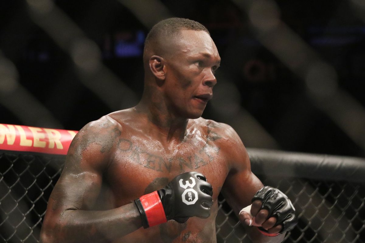 Sep 9, 2023; Sydney, NSW, AUSTRALIA; Israel Adesanya reacts during his fight with Sean Strickland (not pictured) in UFC 293 at Qudos Bank Arena. Mandatory Credit: Jasmin Frank-USA TODAY Sports