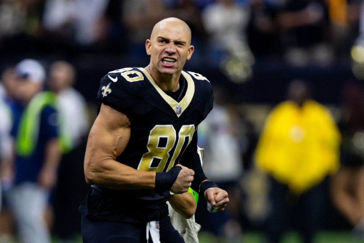 Sep 10, 2023; New Orleans, Louisiana, USA; New Orleans Saints tight end Jimmy Graham (80) during the Who Dat chant during the first half against the Tennessee Titans at the Caesars Superdome. Mandatory Credit: Stephen Lew-Imagn Images
