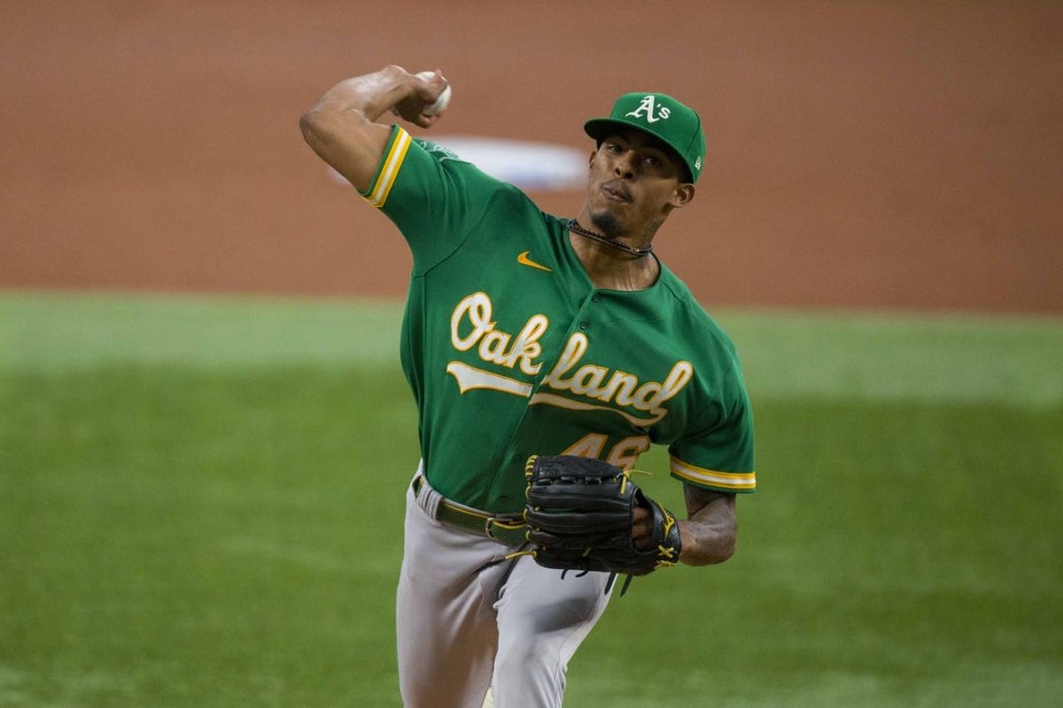 Sep 10, 2023; Arlington, Texas, USA; Oakland Athletics starting pitcher Luis Medina (46) pitches against the Texas Rangers during the first inning at Globe Life Field. Mandatory Credit: Jerome Miron-USA TODAY Sports