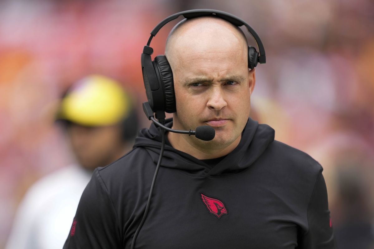 Sep 10, 2023; Landover, Maryland, USA; Arizona Cardinals offensive coordinator Drew Petzing walks on the sideline before the game against the Washington Commanders at FedExField. Mandatory Credit: Brent Skeen-Imagn Images