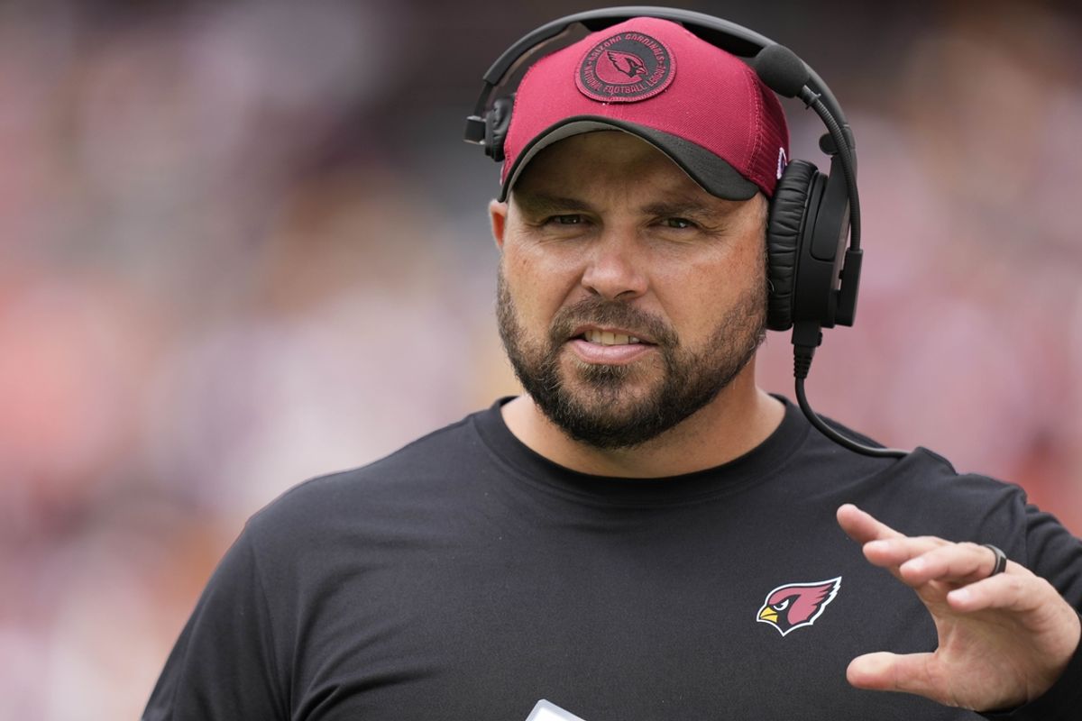 Sep 10, 2023; Landover, Maryland, USA; Arizona Cardinals offensive line coach Klayton Adams walks on the sideline before the game against the Washington Commander at FedExField. Mandatory Credit: Brent Skeen-Imagn Images