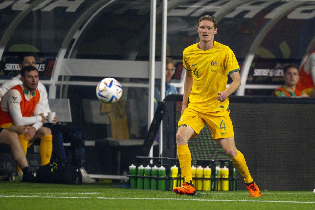 Sep 9, 2023; Arlington, TX, USA; Australia defender Kye Rowles (4) in action during the game between Mexico and Australia at AT&T Stadium. Mandatory Credit: Jerome Miron-Imagn Images