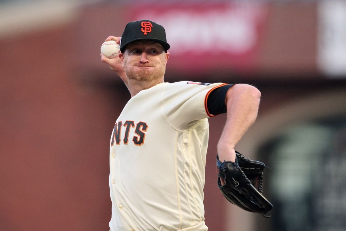 Sep 11, 2023; San Francisco, California, USA; San Francisco Giants starting pitcher Alex Cobb (38) throws a pitch against the Cleveland Guardians during the first inning at Oracle Park. Mandatory Credit: Robert Edwards-USA TODAY Sports