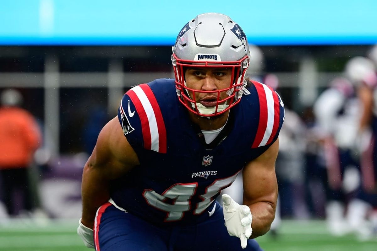 Sep 10, 2023; Foxborough, Massachusetts, USA; New England Patriots linebacker Jahlani Tavai (48) prepares for a game against the Philadelphia Eagles during the warm-up period at Gillette Stadium. Mandatory Credit: Eric Canha-USA TODAY Sports