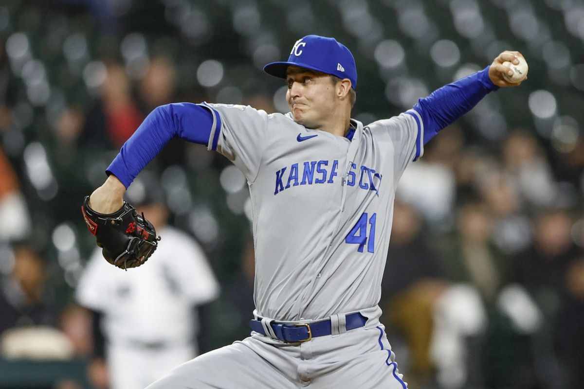 Sep 13, 2023; Chicago, Illinois, USA; Kansas City Royals relief pitcher Tucker Davidson (41) delivers a pitch against the Chicago White Sox during the ninth inning at Guaranteed Rate Field. Mandatory Credit: Kamil Krzaczynski-Imagn Images