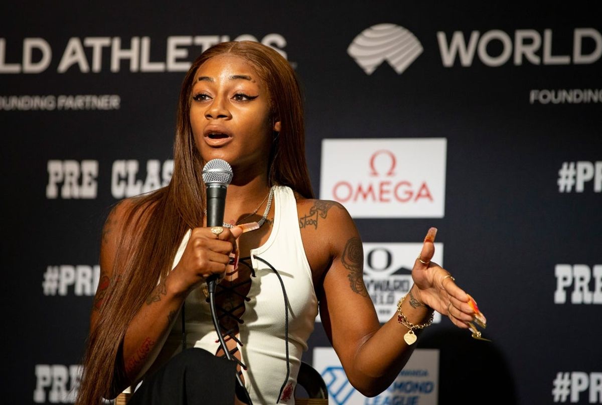 Sha   Carri Richardson speaks to members of the media during a news conference ahead of the Prefontaine Classic Friday, Sept. 15, 2023, at the Graduate Hotel in Eugene, Ore.