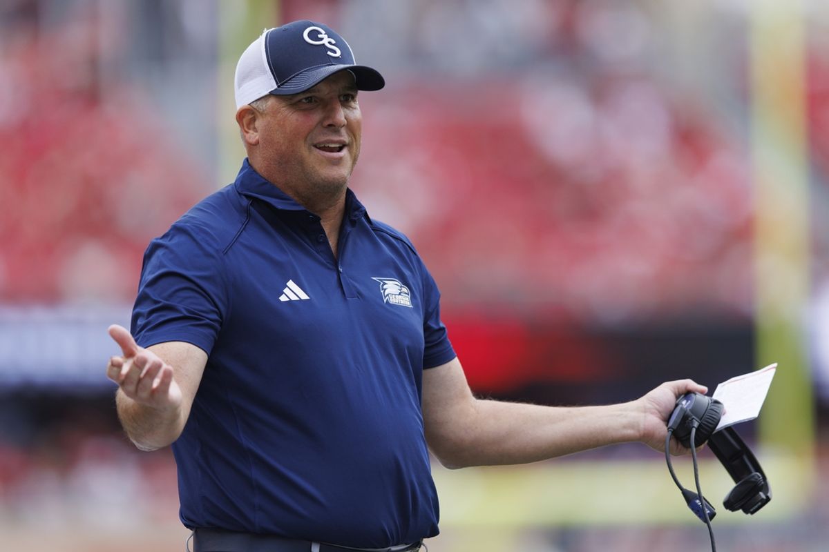 Sep 16, 2023; Madison, Wisconsin, USA;  Georgia Southern Eagles head coach Clay Helton reacts to a call during the third quarter against the Wisconsin Badgers at Camp Randall Stadium. Mandatory Credit: Jeff Hanisch-Imagn Images
