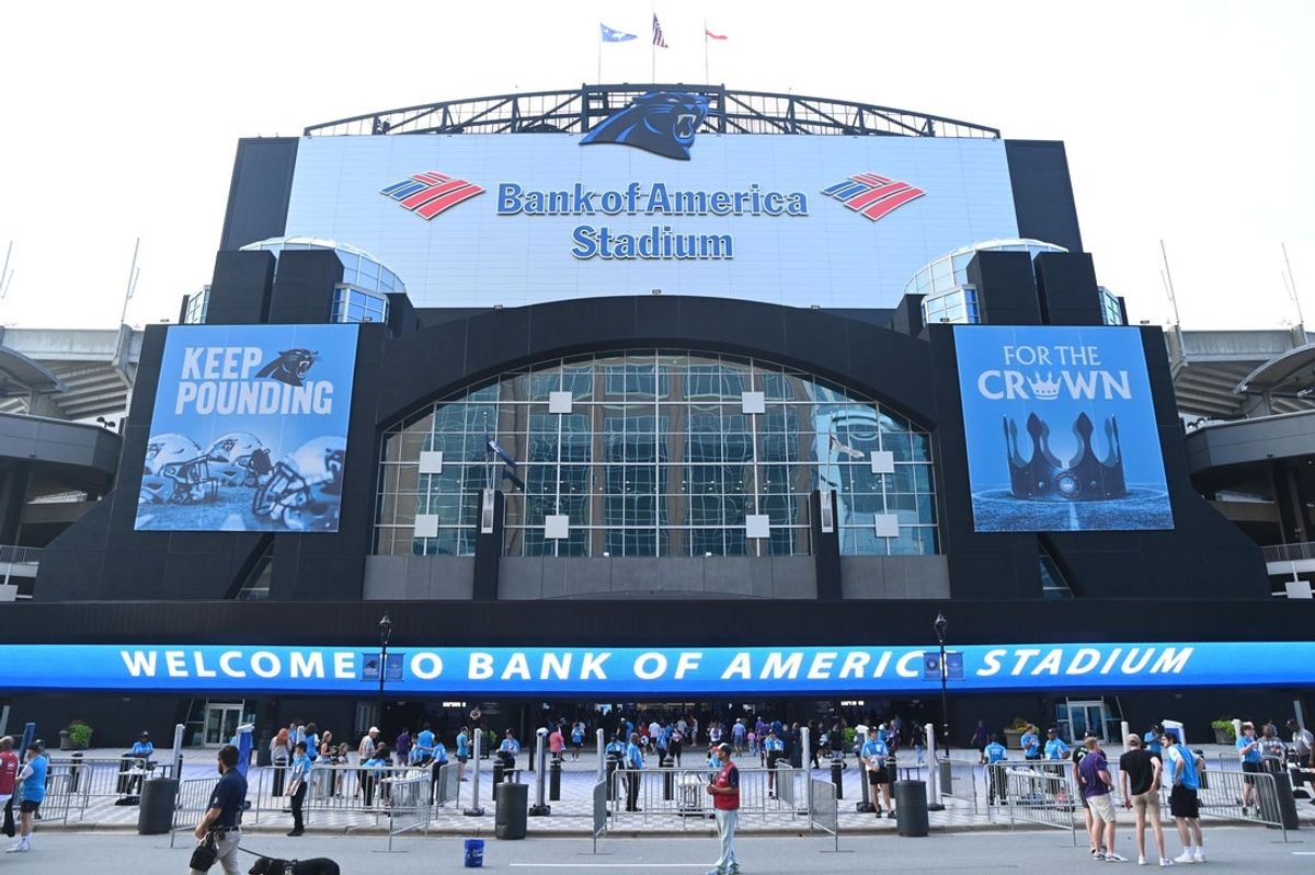 Sep 16, 2023; Charlotte, North Carolina, USA; A general view of the exterior of Bank of America Stadium. Mandatory Credit: Griffin Zetterberg-Imagn Images