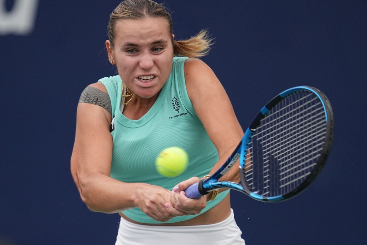 Sep 16, 2023; San Diego, CA, USA;  Sofia Kenin of the United States hits a backhand against Barbora Krejcikova of the Czech Republic (not pictured) during the finals of the San Diego Open at Barnes Tennis Center. Mandatory Credit: Ray Acevedo-Imagn Images