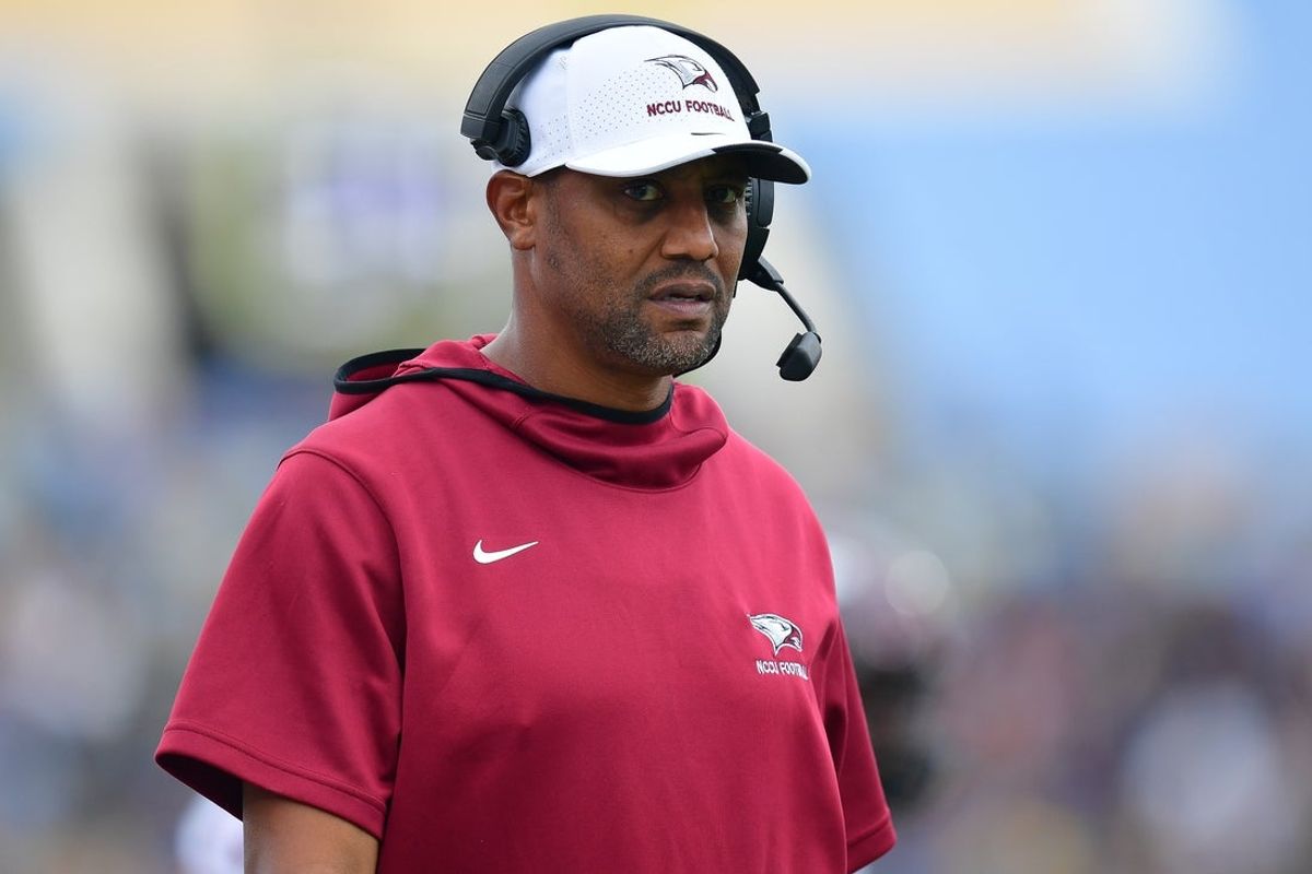 Sep 16, 2023; Pasadena, California, USA; North Carolina Central Eagles head coach Trei Oliver watches game action against the UCLA Bruins during the second half at Rose Bowl. Mandatory Credit: Gary A. Vasquez-Imagn Images