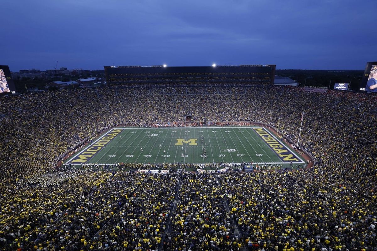 Sep 16, 2023; Ann Arbor, Michigan, USA;  General view of the kick off between the Michigan Wolverines and the Bowling Green Falcons in the first half at Michigan Stadium. Mandatory Credit: Rick Osentoski-Imagn Images