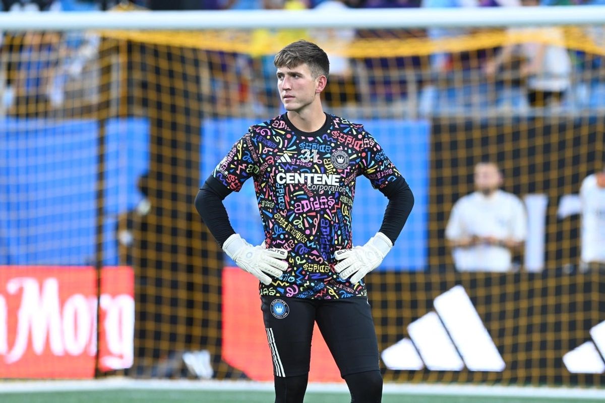 Sep 16, 2023; Charlotte, North Carolina, USA; Charlotte FC goalkeeper George Marks (31) during warmups before the match against D.C. United at Bank of America Stadium. Mandatory Credit: Griffin Zetterberg-Imagn Images