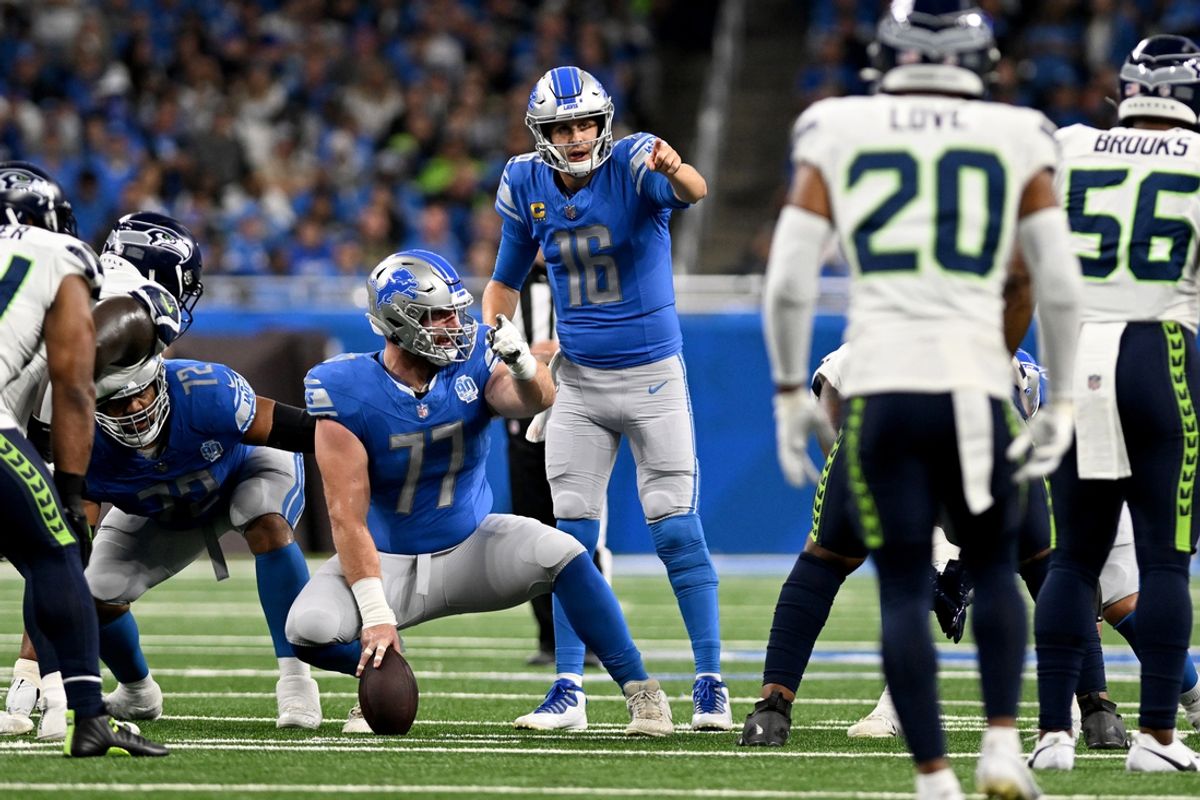 Sep 17, 2023; Detroit, Michigan, USA; Detroit Lions quarterback Jared Goff (16) calls an audible at the line of scrimmage in the second quarter of their game against the Seattle Seahawks at Ford Field. Mandatory Credit: Lon Horwedel-Imagn Images