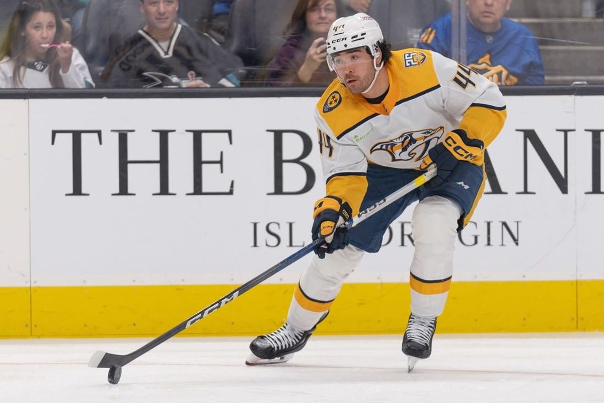 Feb 24, 2024; San Jose, California, USA; Nashville Predators left wing Kiefer Sherwood (44) controls the puck during the third period against the San Jose Sharks at SAP Center at San Jose.