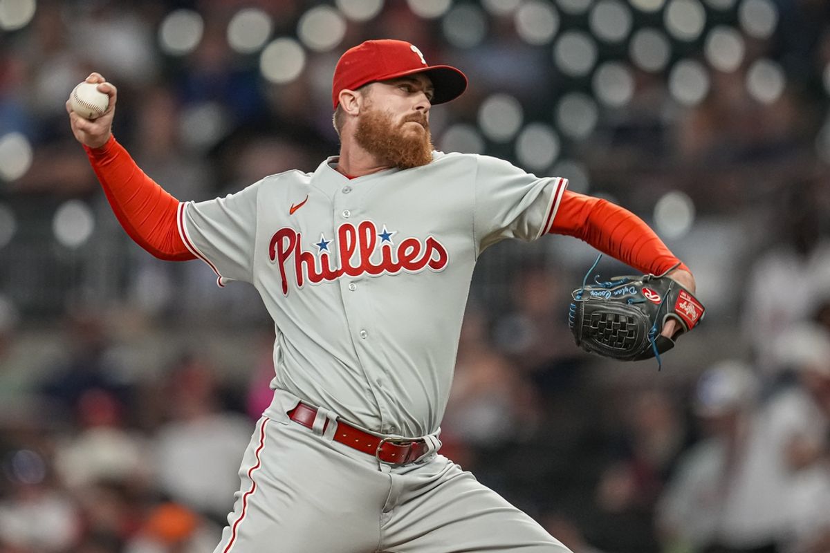 Sep 18, 2023; Cumberland, Georgia, USA; Philadelphia Phillies relief pitcher relief pitcher Dylan Covey (54) pitches against the Atlanta Braves during the ninth inning at Truist Park. Mandatory Credit: Dale Zanine-Imagn Images
