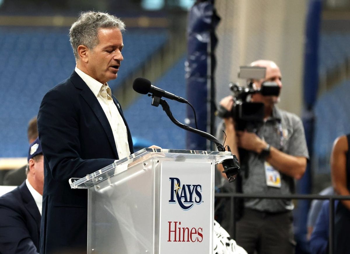 Sep 19, 2023; Tampa, FL, USA; Tampa Bay Rays principal owner Stu Sternberg talks with media as the Tampa Bay Rays announced today that a historic agreement has been reached with the City of St. Petersburg and Pinellas County to move forward with a new state-of-the-art ballpark at Tropicana Field. Mandatory Credit: Kim Klement Neitzel-Imagn Images