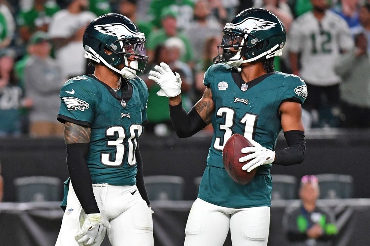 Sep 14, 2023; Philadelphia, Pennsylvania, USA; Philadelphia Eagles safety Justin Evans (30) and cornerback Mario Goodrich (31) against the Minnesota Vikings at Lincoln Financial Field. Mandatory Credit: Eric Hartline-Imagn Images