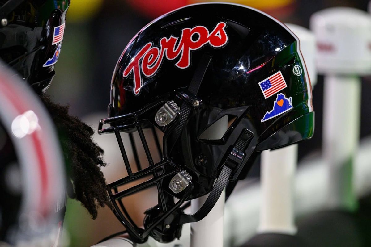 Sep 15, 2023; College Park, Maryland, USA; Detailed view of a Maryland Terrapins helmet during the game between the Maryland Terrapins and the Virginia Cavaliers at SECU Stadium. Mandatory Credit: Reggie Hildred-Imagn Images