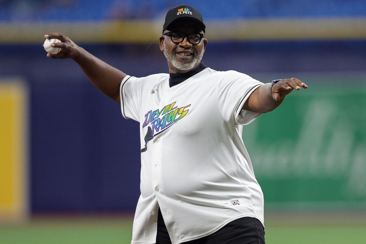 Sep 20, 2023; St. Petersburg, Florida, USA;  St. Petersburg Mayor Ken Welch throws out the first pitch before a game featuring the Los Angeles Angels and Tampa Bay Rays at Tropicana Field. Mandatory Credit: Nathan Ray Seebeck-Imagn Images