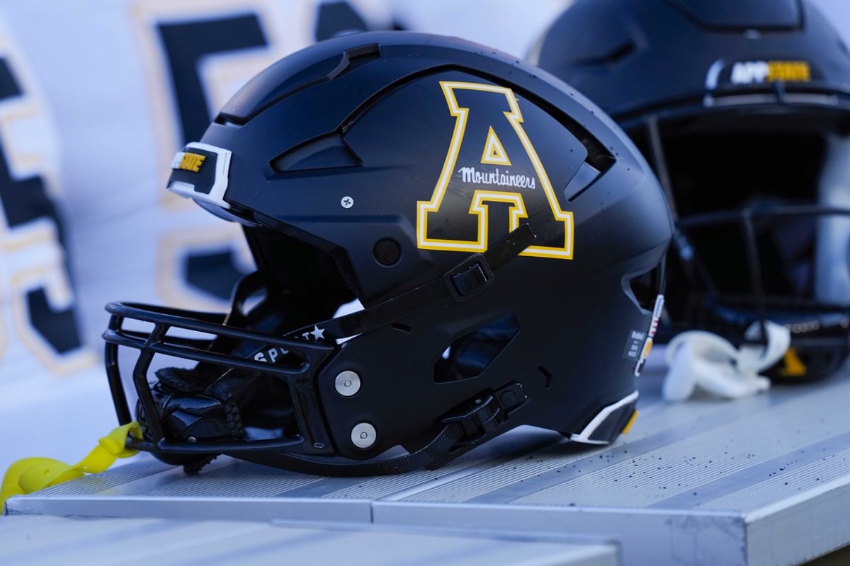 Sep 23, 2023; Laramie, Wyoming, USA; A general view of the Appalachian State Mountaineers helmet against the Wyoming Cowboys at Jonah Field at War Memorial Stadium. Mandatory Credit: Troy Babbitt-Imagn Images