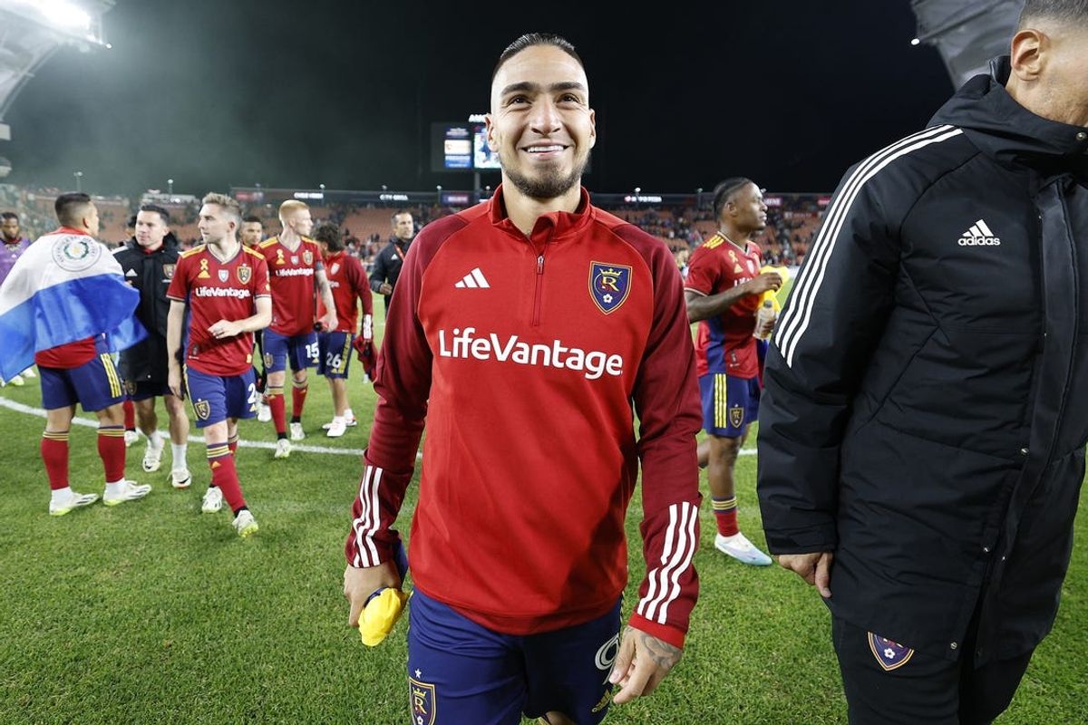 Sep 23, 2023; Sandy, Utah, USA; Real Salt Lake forward Chicho Arango (9) was all smiles after their 2-1 win against the Vancouver Whitecaps at America First Field. Mandatory Credit: Jeff Swinger-USA TODAY Sports