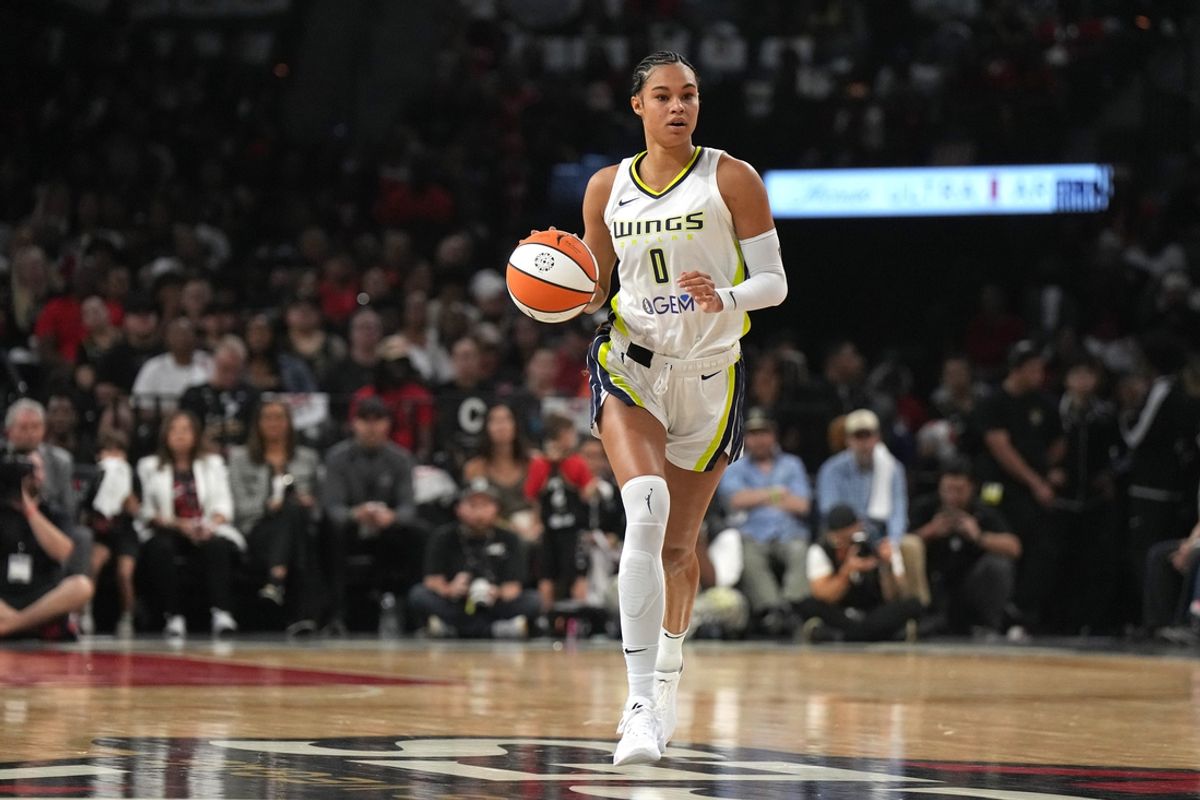 Sep 24, 2023; Las Vegas, Nevada, USA; Dallas Wings forward Satou Sabally (0) dribbles downcourt during the first half of game one of the 2023 WNBA Playoffs at Michelob Ultra Arena. Mandatory Credit: Kirby Lee-USA TODAY Sports