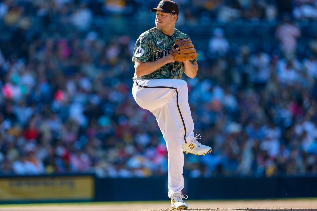 Sep 24, 2023; San Diego, California, USA; San Diego Padres relief pitcher Rich Hill (41) throws a pitch during the eighth inning against the St. Louis Cardinals at Petco Park. Mandatory Credit: David Frerker-Imagn Images