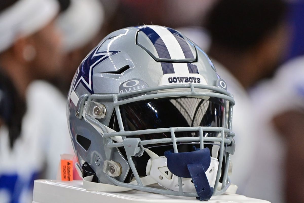 Sep 24, 2023; Glendale, Arizona, USA;  Detail view of a Dallas Cowboys helmet in the second half against the Arizona Cardinals at State Farm Stadium. Mandatory Credit: Matt Kartozian-Imagn Images