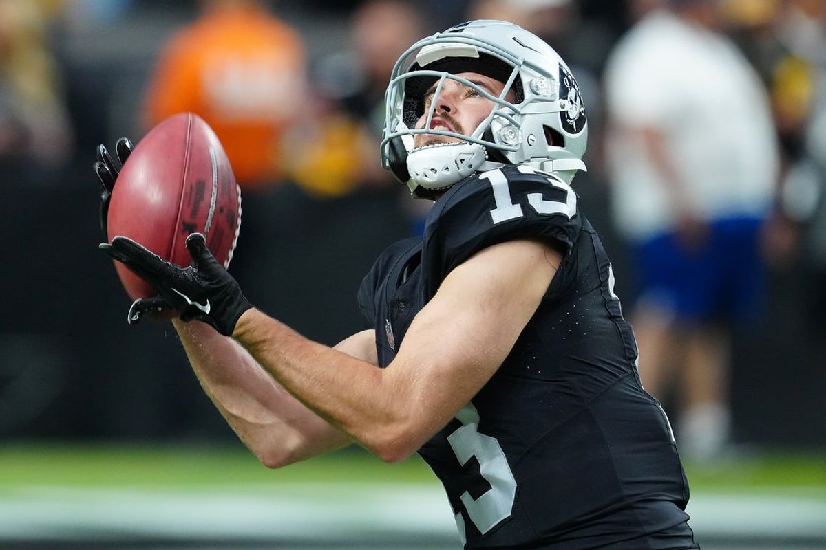 Sep 24, 2023; Paradise, Nevada, USA; Las Vegas Raiders wide receiver Hunter Renfrow (13) warms up before a game against the Pittsburgh Steelers at Allegiant Stadium. Mandatory Credit: Stephen R. Sylvanie-Imagn Images
