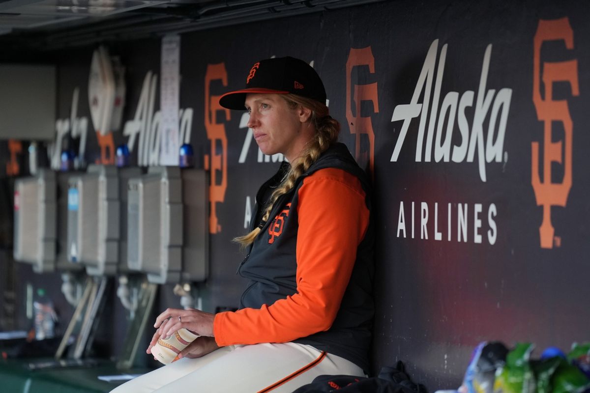 Sep 9, 2023; San Francisco, California, USA; San Francisco Giants major league assistant coach Alyssa Nakken (92) before the game against the Colorado Rockies at Oracle Park. Mandatory Credit: Darren Yamashita-Imagn Images