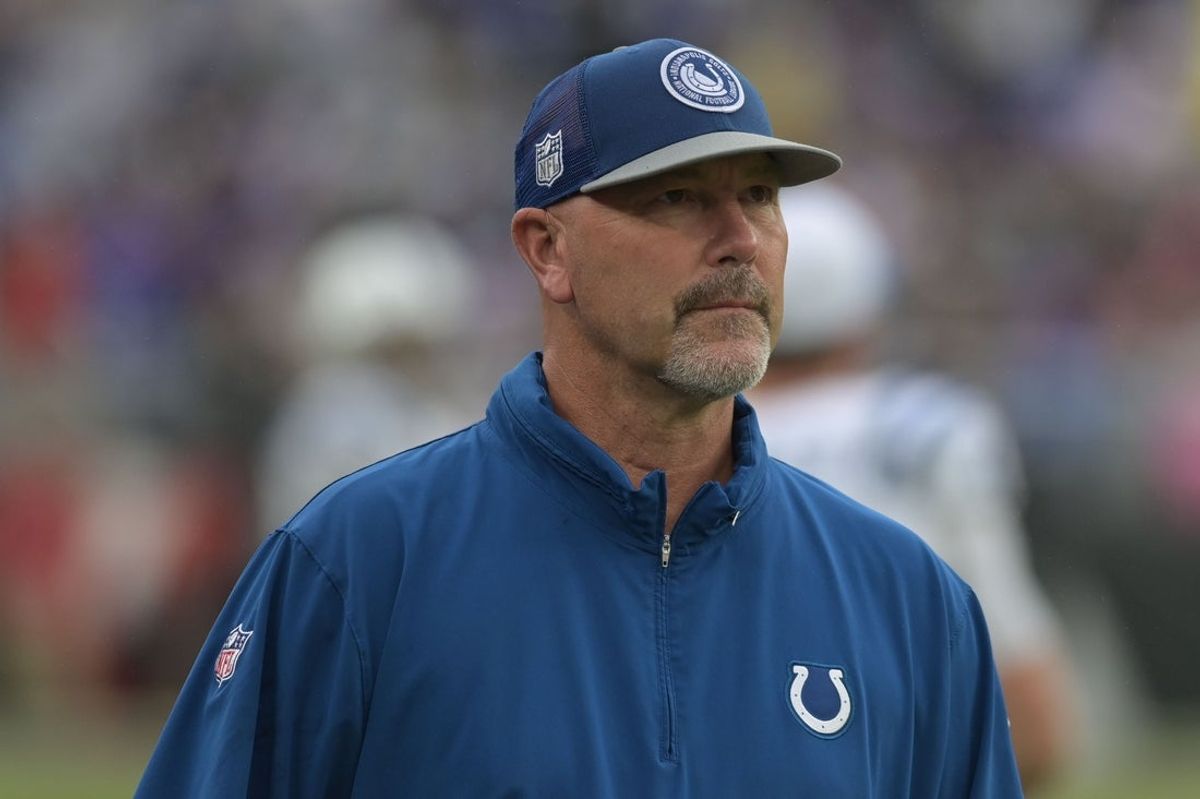 Sep 24, 2023; Baltimore, Maryland, USA; Indianapolis Colts coach Gus Bradley during the game against the Baltimore Ravens at M&T Bank Stadium. Mandatory Credit: Tommy Gilligan-Imagn Images